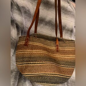 Vintage Woven Sisal Market Tote Bucket Bag Leather Straps Round Striped Boho